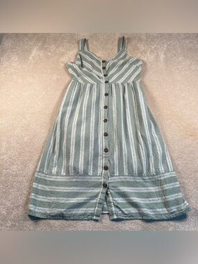 Linen Blend Dress Green Striped Casual Adjustable Strap Universal Thread Medium